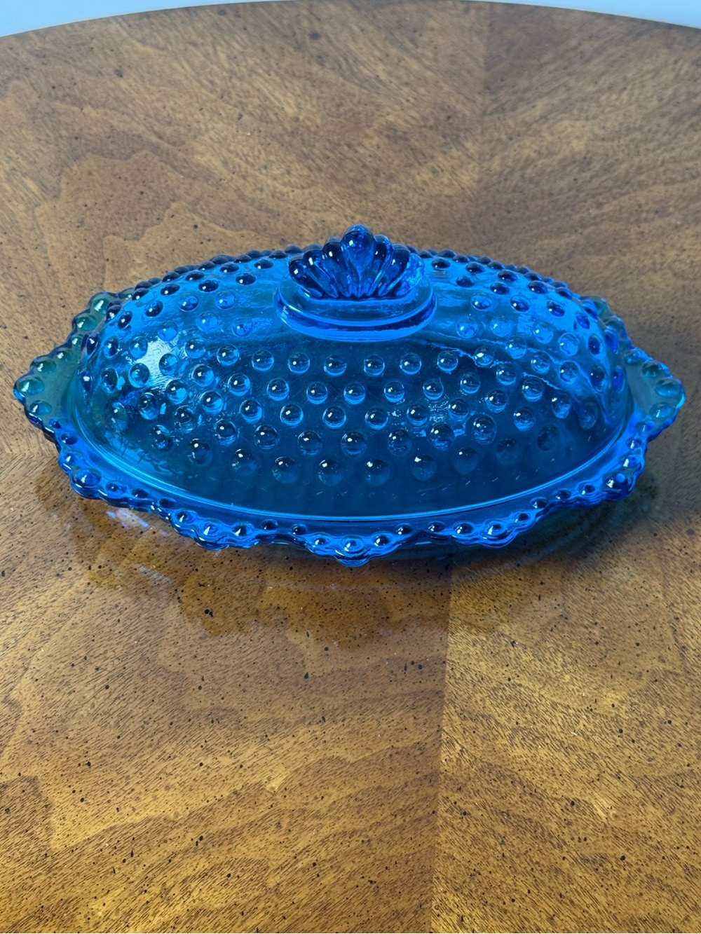 Beautiful vintage Fenton Colonial Blue transparent hobnail covered butter dish